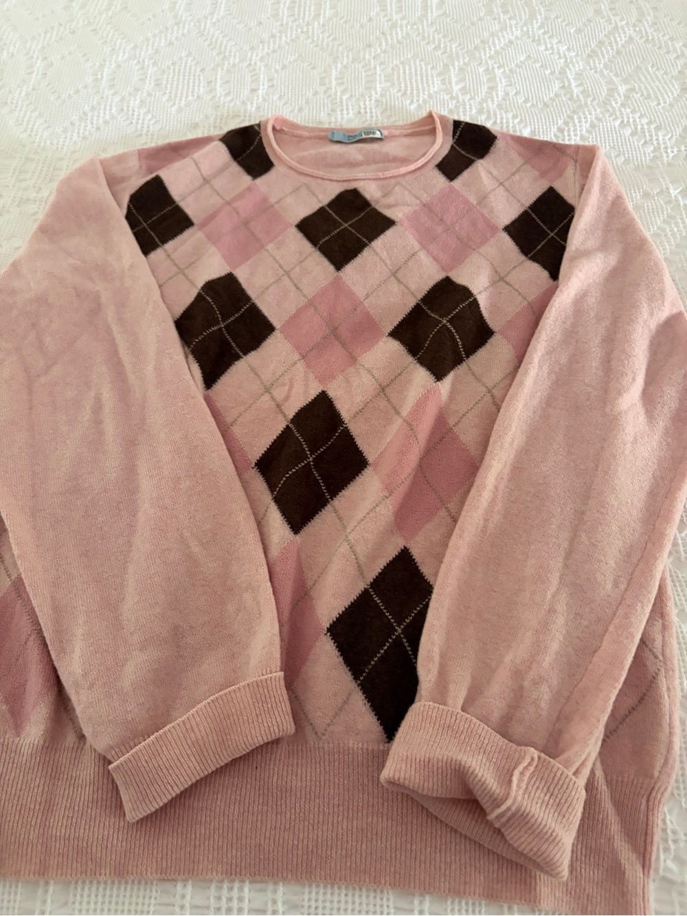 RED Valentino Pink and Brown Argyle Crewneck Sweater
